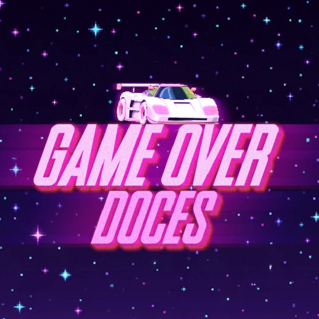 Game Over Doces — logo com carro pixel art e tipografia synthwave